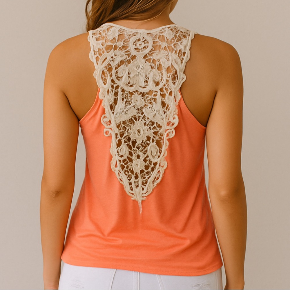 Women’s Stretchy Peach Orange Sleeveless Lace Trim Layered Top